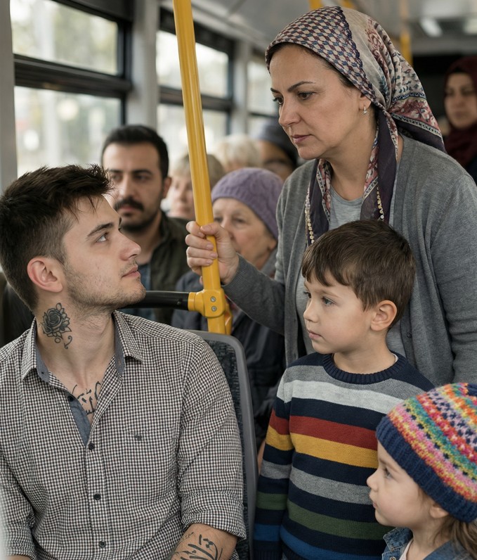 Otobüste, yanında iki çocuğu olan bir kadın ayakta bekliyordu - 2